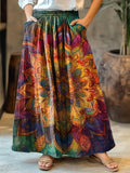 Women's Colorful Mandala Floral Art Pattern Print Cotton Pocket Skirt