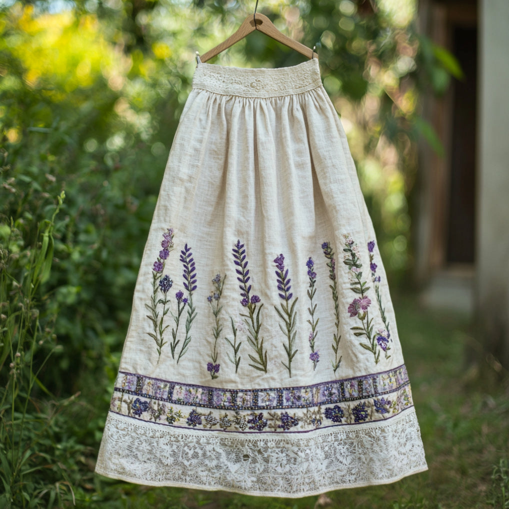 Women's Elegant Lace Flowers Embroidery Art Linen Blend Skirt elevenforest