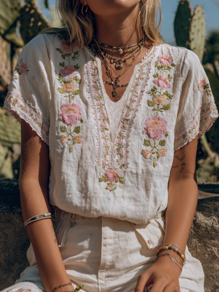 Women's Vintage Pink Floral Art Embroidery Linen T-shirt elevenforest