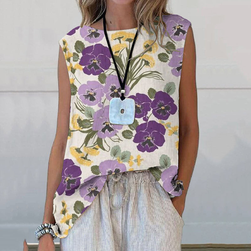 Comstylish Purple Flowers Print Casual Sleeveless Tank Top
