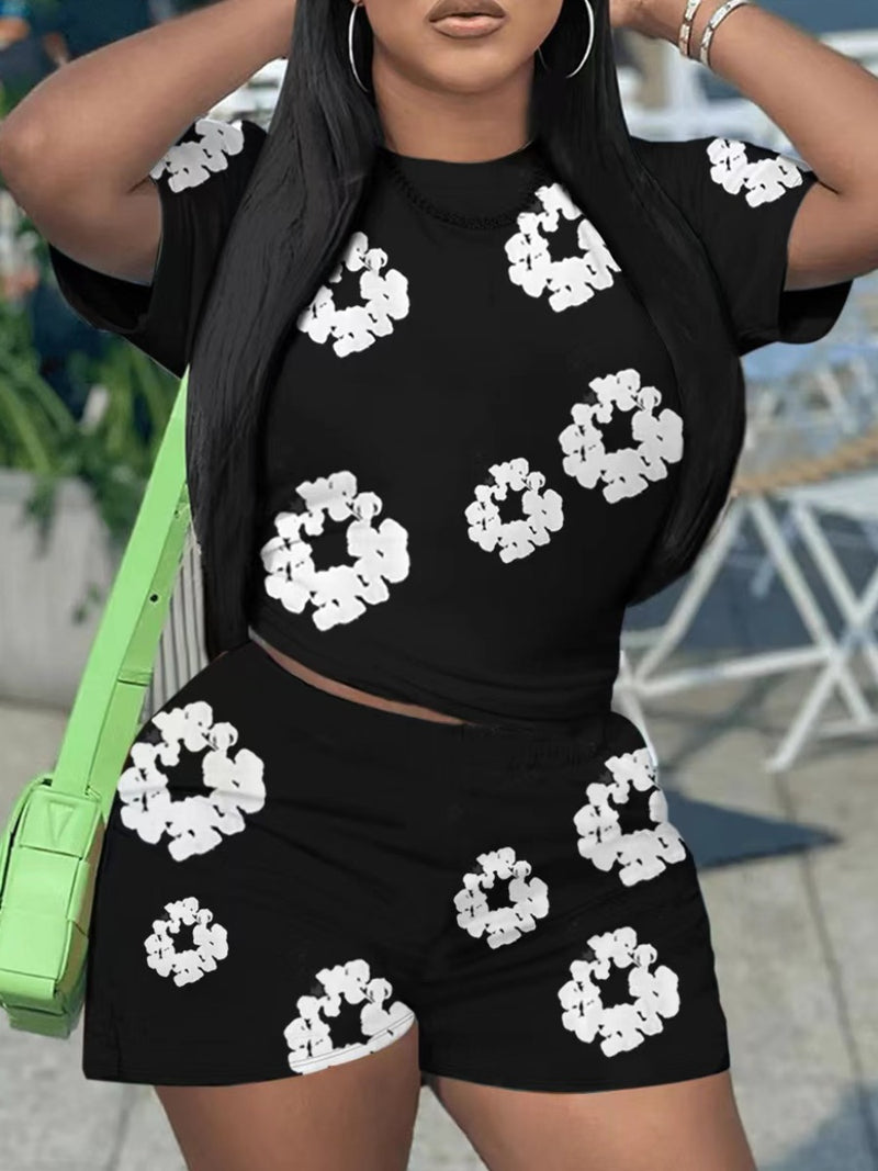 Round Neck Print Shorts Set New in Flower Print Short Sleeve Two Piece Pants Set Daily Matching Suit for – Print Two Piece Pants Set