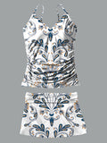 Retro Flower V-Neck Vintage Flowers Print Suspender Skirt Tankini Pantskirt Set Swimsuit