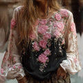 Ladies' Casual Vintage Pink Flower Black And White Long-sleeved Shirt elevenforest