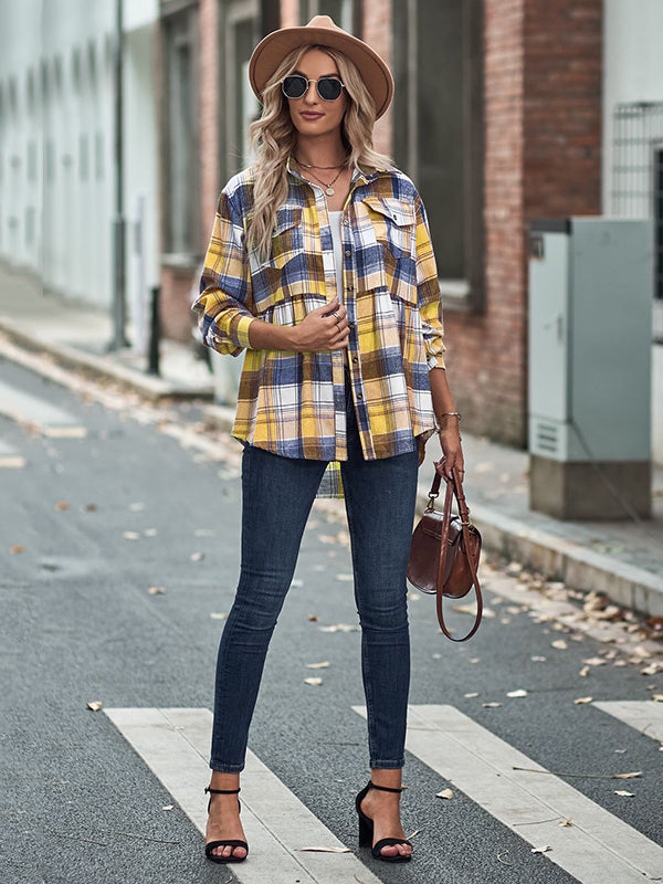 Loose Checkered Lapel Blouses&shirts Tops