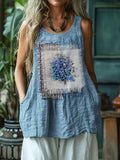 Cottagecore Floral Embroidered Patch Linen Tank Top elevenforest