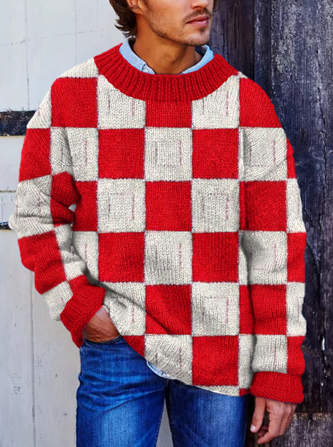 Vegan Mock Minimalist Knit Pullover Sustainable Plaid Patchwork Warmth Knitted Jacquard Unisex Sweater elevenforest
