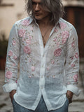 Men's Romantic Pure White Vintage Long-sleeved Shirt With Rose Embroidery elevenforest