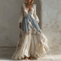 Women's Vintage White Rose Pattern Linen Long Sleeve Dress elevenforest