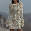 Women's Vintage White Rose Skull Cozy Knit Mini Sweater Dress elevenforest