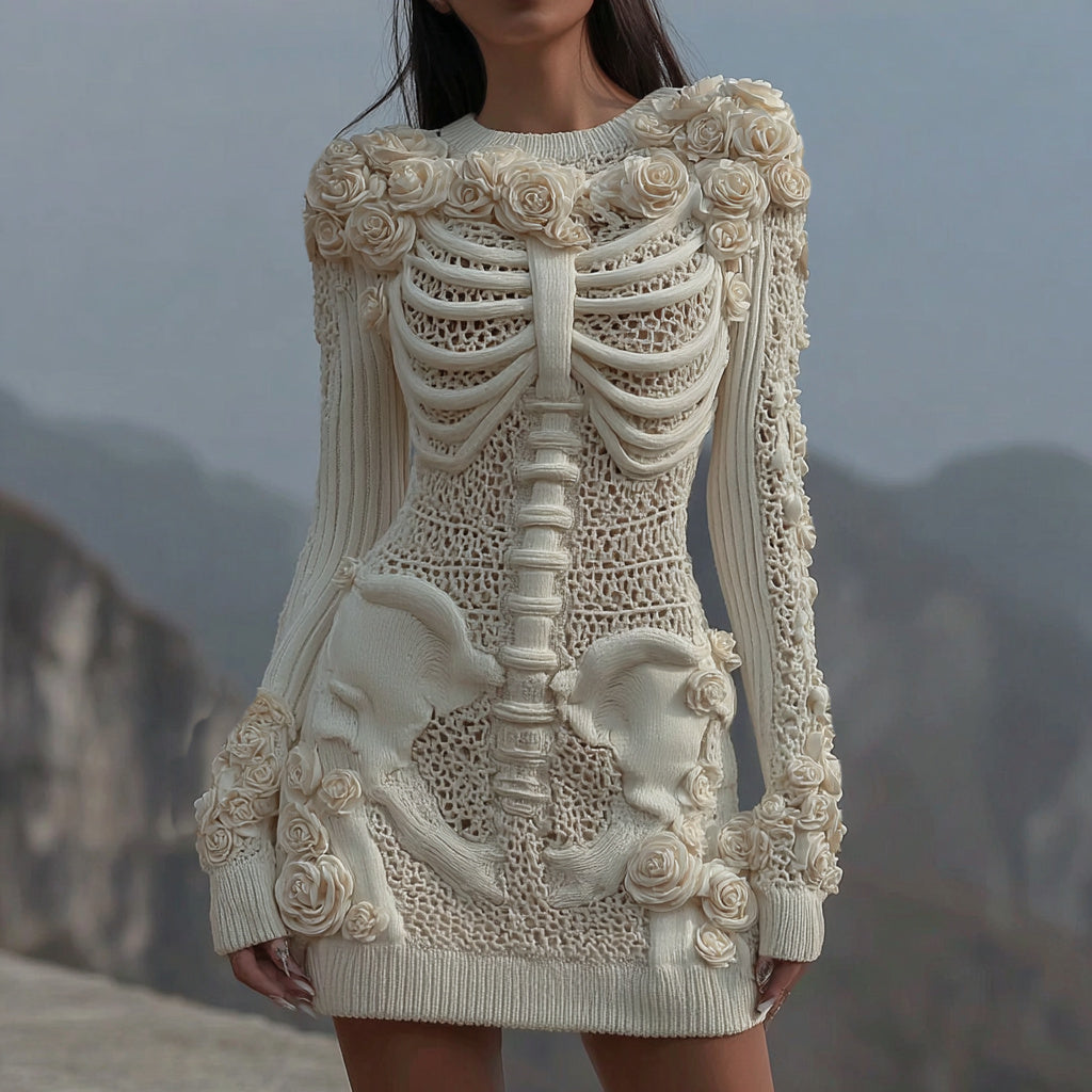 Women's Vintage White Rose Skull Cozy Knit Mini Sweater Dress elevenforest