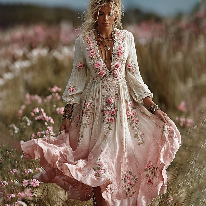 Women's Bohemian Rose Lace Gradient V-neck Maxi Dress elevenforest