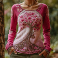 Viking Pink Tree Of Life Embroidered Women's Linen Long Sleeve Shirt elevenforest