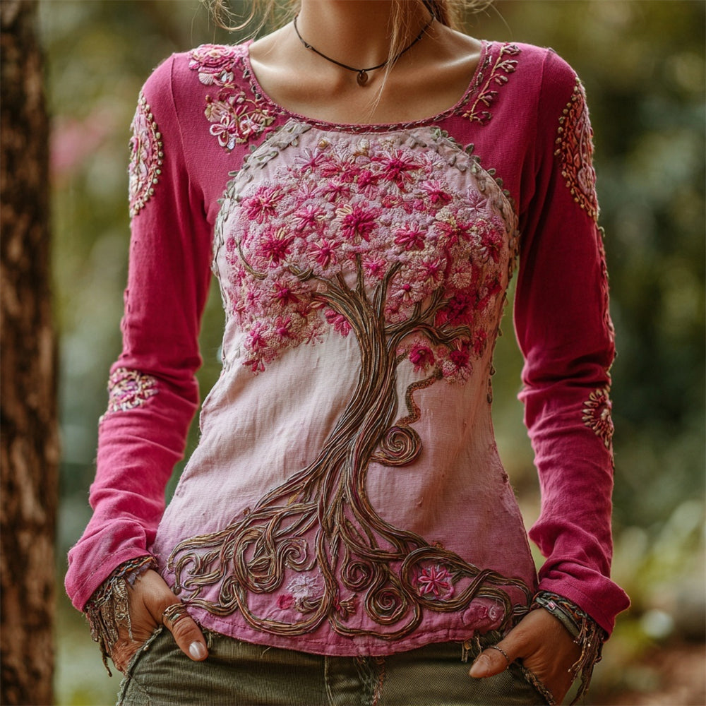 Viking Pink Tree Of Life Embroidered Women's Linen Long Sleeve Shirt elevenforest