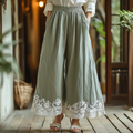 Retro Boho Floral Lace Embroidery Art Cotton Linen Wide Leg Pants elevenforest