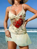 V-Neck Vintage Heart Print Suspender Skirt Tankini Pantskirt Set Swimsuit