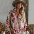 Love & Health Collection Retro Western Women Style Vintage Gradient Pink Striped And Floral Patchwork Art Linen Shirt elevenforest
