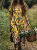 Women's Art Floral Vintage Print V-Neck Dress