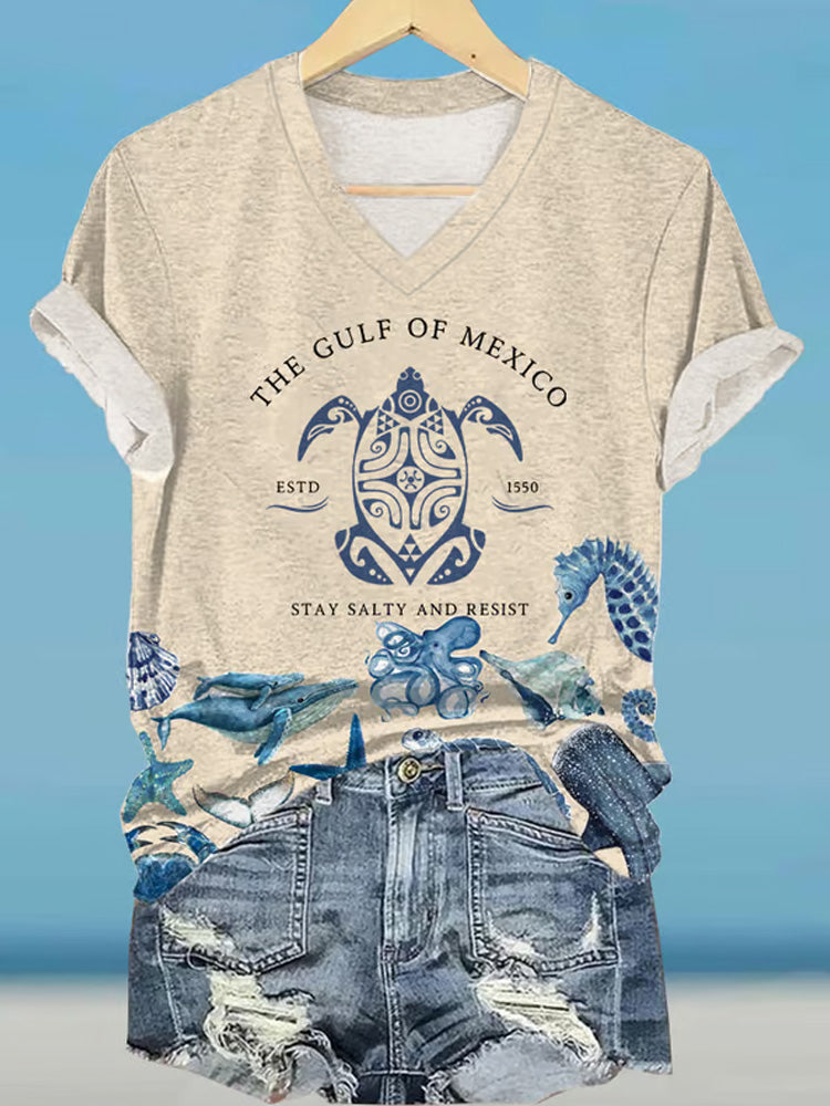 Comstylish Women's Gulf Of Mexico Print V Neck T-shirt