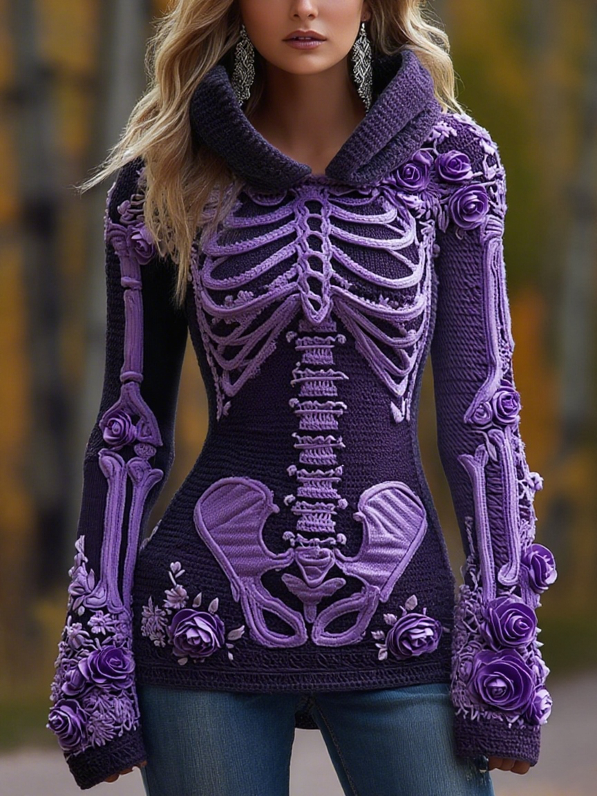 Women's Halloween Skeleton Bones With Roses Art Knitted Warm Hooded Sweater artswardrobe