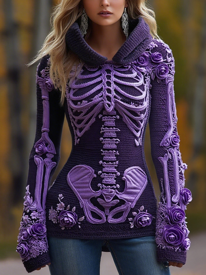 Women's Halloween Skeleton Bones With Roses Art Knitted Warm Hooded Sweater artswardrobe
