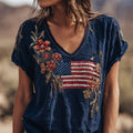 Independence Day Sequins Floral Embroidery Vintage Women's V-neck T-shirt elevenforest