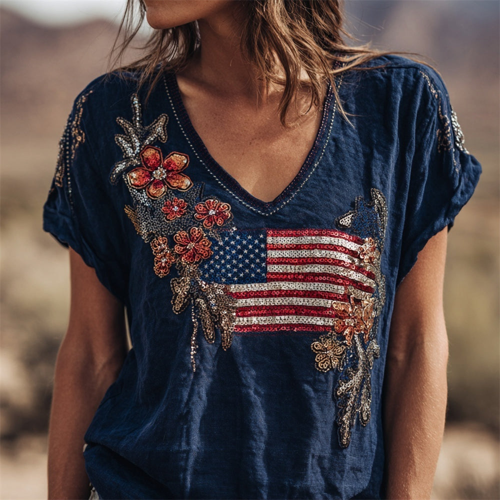 Independence Day Sequins Floral Embroidery Vintage Women's V-neck T-shirt elevenforest