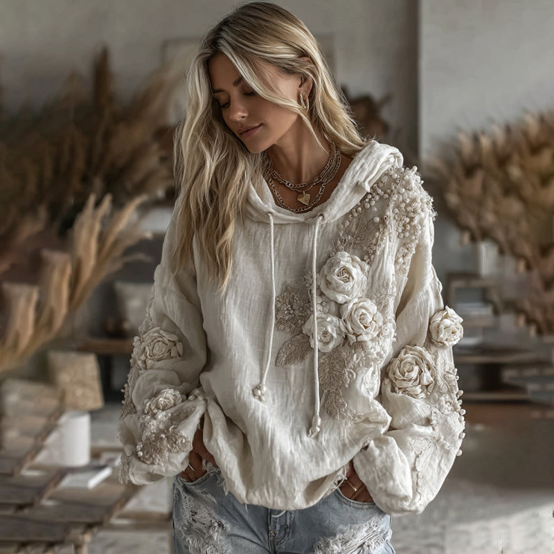 Women's Vintage White Floral Art Casual Warm Hoodie elevenforest