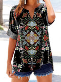 Women's Retro Ethnic Floral Totem Print Short Sleeve V-Neck Cotton and