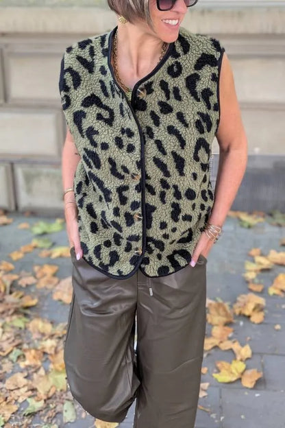 Leopard Print Front Opening Autumn and Winter Vest Jacket