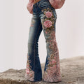 Pink Roses Embroidered Lace Patchwork Washed Bell Bottom Jeans elevenforest