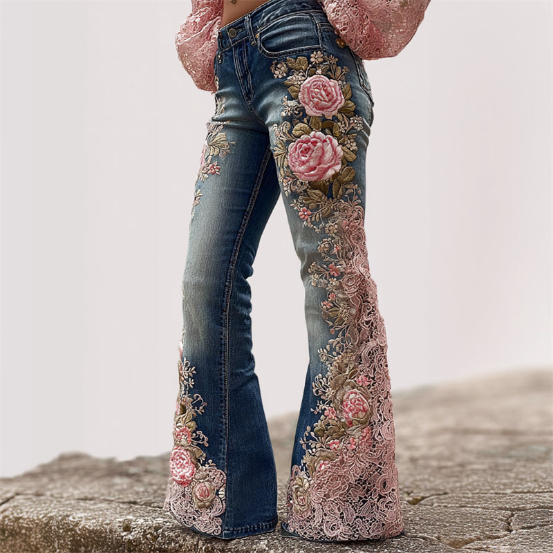 Pink Roses Embroidered Lace Patchwork Washed Bell Bottom Jeans elevenforest
