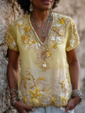 Vintage Yellow Lilies Glitter Embroidered V Neck Linen Shirt elevenforest