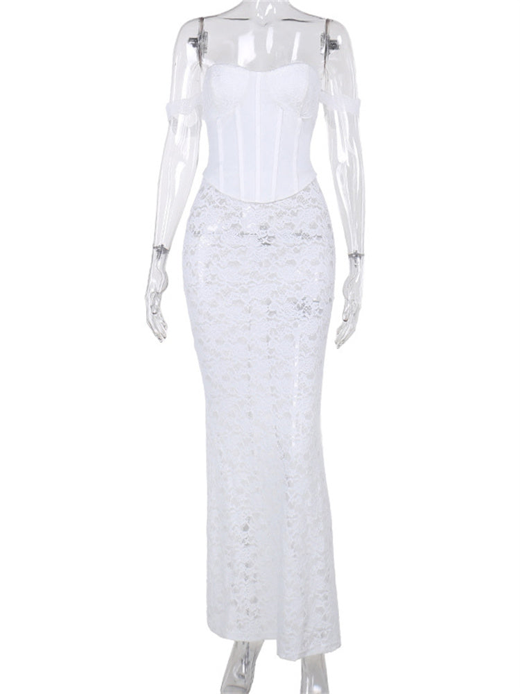 Tossy Lace Printed 2 Piece-set Maxi Skirt for Patchwork Slim Backless Tank Top and Long Skirt Sets Female Outfits