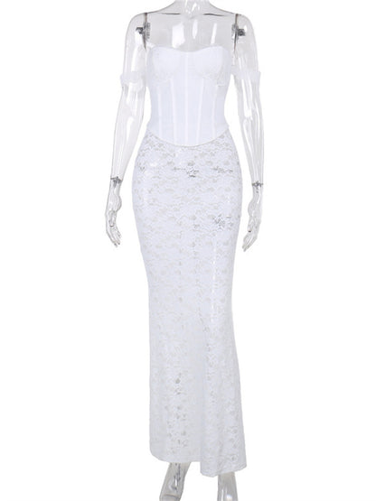 Tossy Lace Printed 2 Piece-set Maxi Skirt for Patchwork Slim Backless Tank Top and Long Skirt Sets Female Outfits