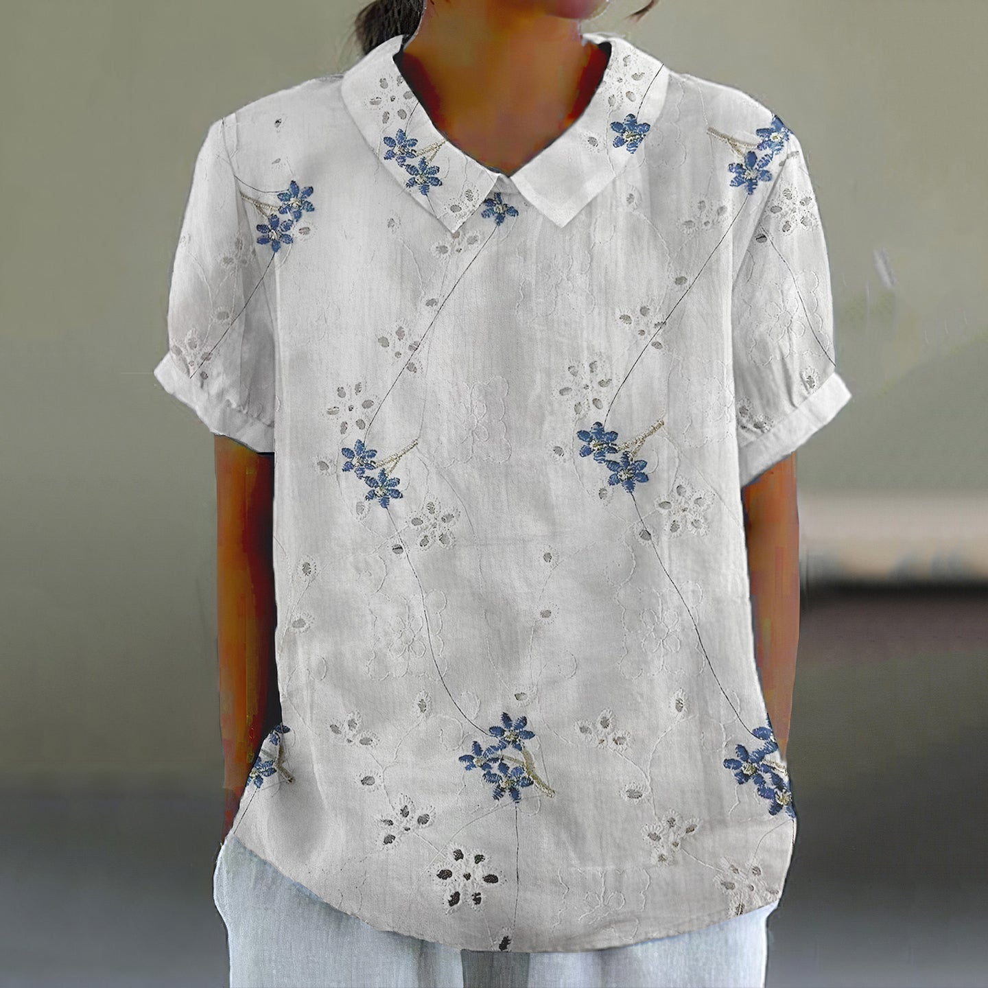 Women's Floral Lace Embroidery Lapel Short Sleeve Casual Blouse elevenforest
