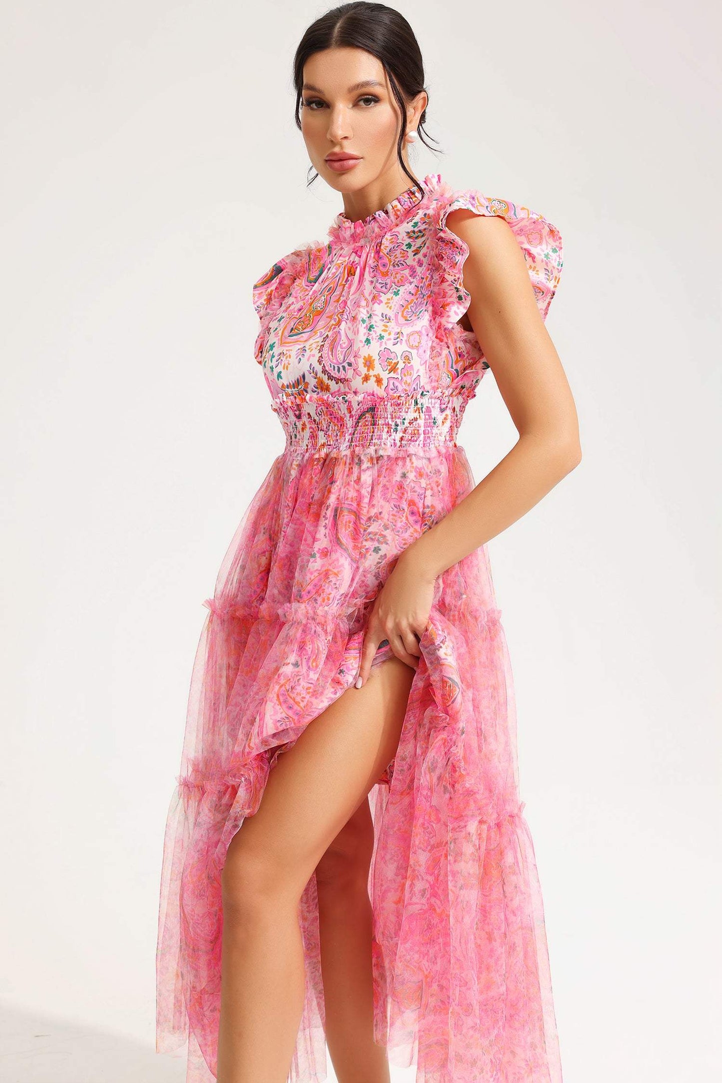 Flutter Sleeve Crew Collar Tapered Waist Midi Dress Pink