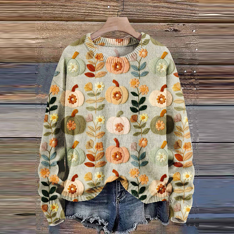 Pumpkin Flowers Autumn Season Halloween Art Print Knit Pullover Sweater artswardrobe