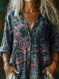 Women's Bohemian Floral Art Print Casual Cotton Linen Shirt