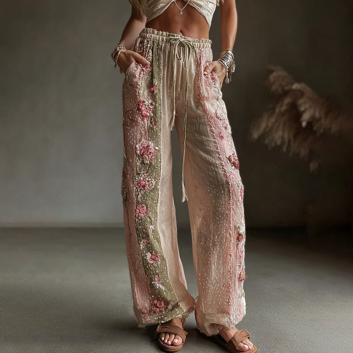 Women's Retro Floral Art Casual Linen Pants elevenforest