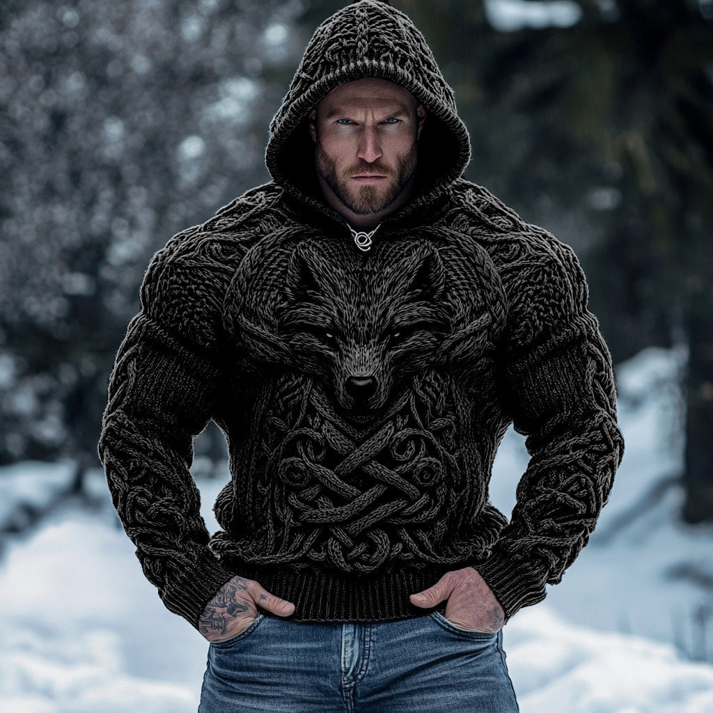 Retro Wolf Inspired Viking Celtic Jacquard Chunky Hooded Sweater elevenforest