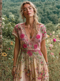 Boho Ethnic Floral Embroidery Women's Linen V-neck Short Sleeve Maxi Dress elevenforest