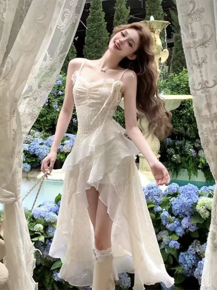 Y2k Ruffles Spaghetti Strap Irregular Midi Dress Summer New Slim Fairycore Birthday Party Dress Prom Robe Vestidos Mujer