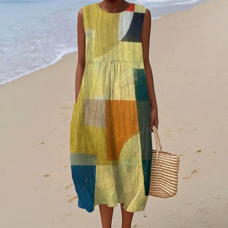 Comstylish Women's Retro Abstract Geometric Art Print Sleeveless Dress