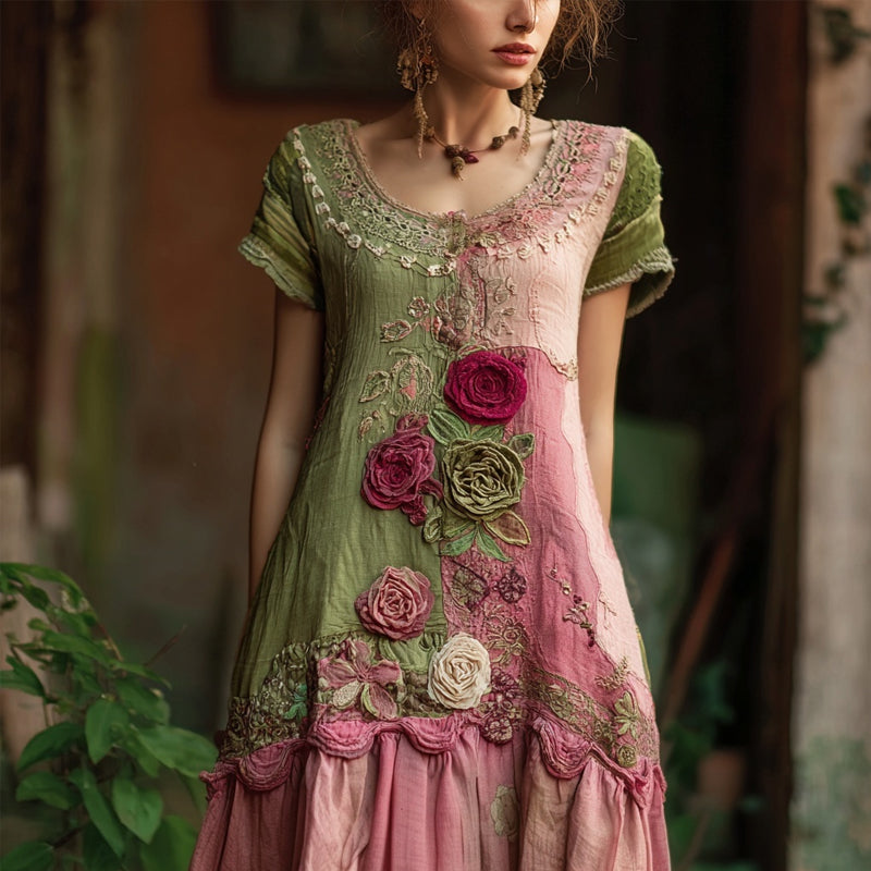 Vintage Boho Roses Embroidered Patchwork Linen Midi Dress elevenforest