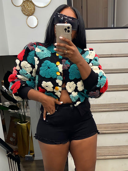Autumn Winter Retro Three Dimensional Loose Single Breasted Cardigan Short Coat Trend Clip 3d Rose