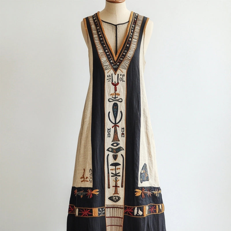 Egyptian Elements Inspired Contrast Linen Maxi Dress elevenforest