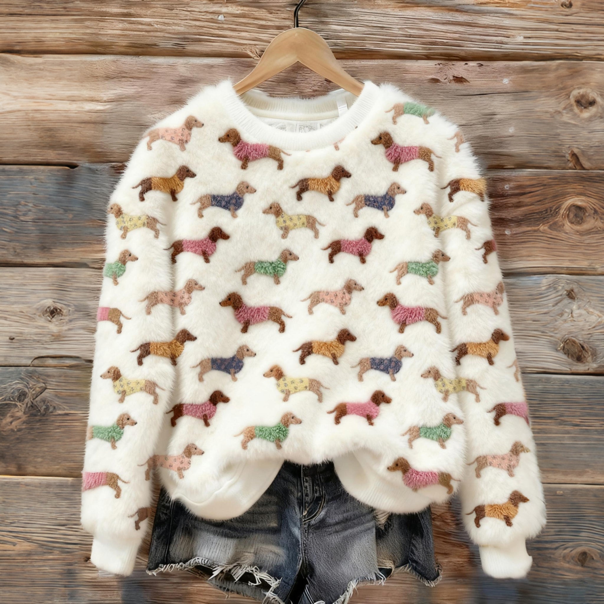 Cute Dachshund Pattern Warm Plush Pullover Sweater artswardrobe