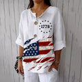 Women's Independence Day Flag Print Button Linen Blend Shirt elevenforest
