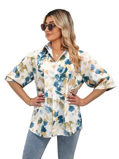 ’s Summer Printed Single Breasted Short Sleeve Top – Print Blouse