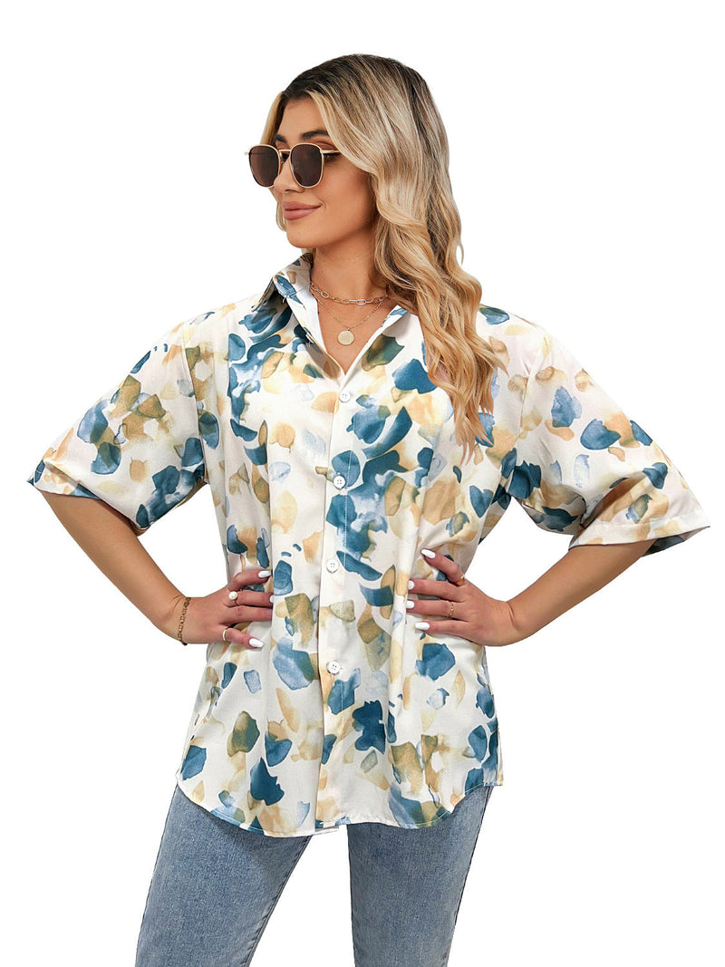 ’s Summer Printed Single Breasted Short Sleeve Top – Print Blouse